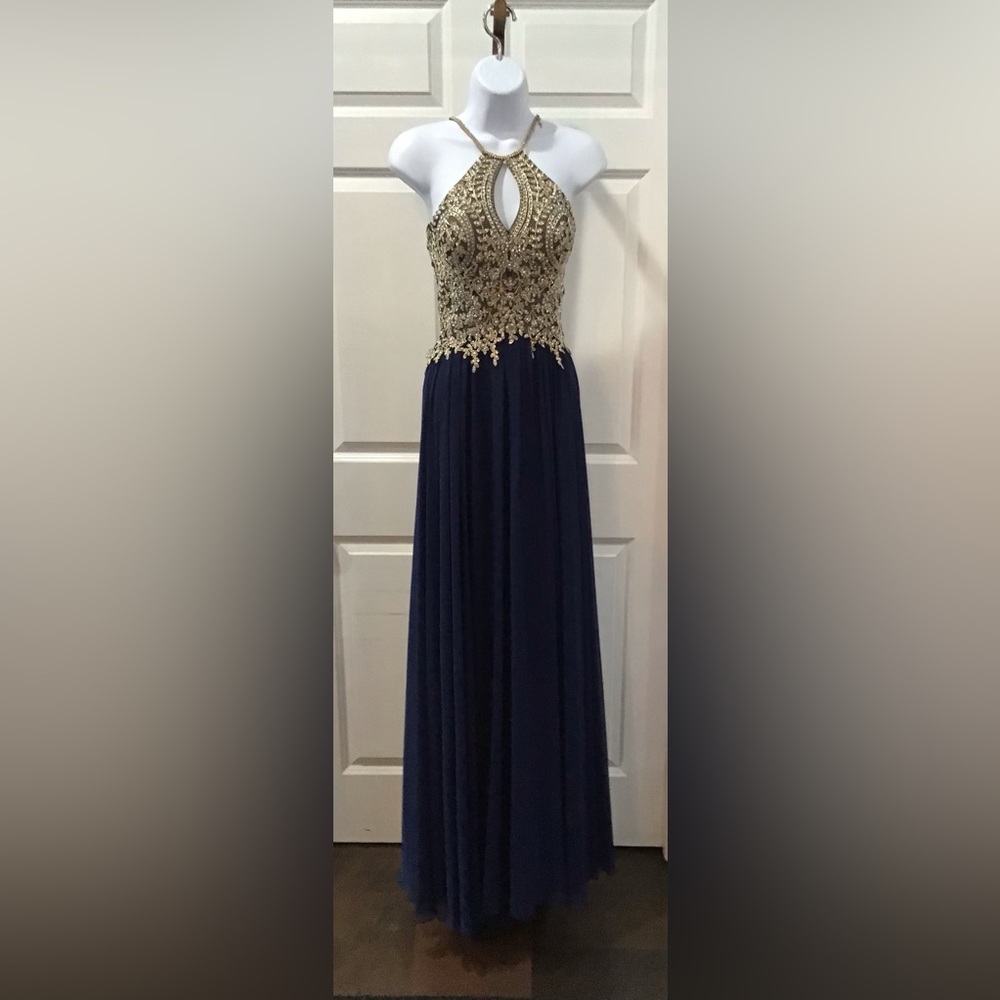 Dave & Johnny Elegant Gold and Navy Maxi Dress